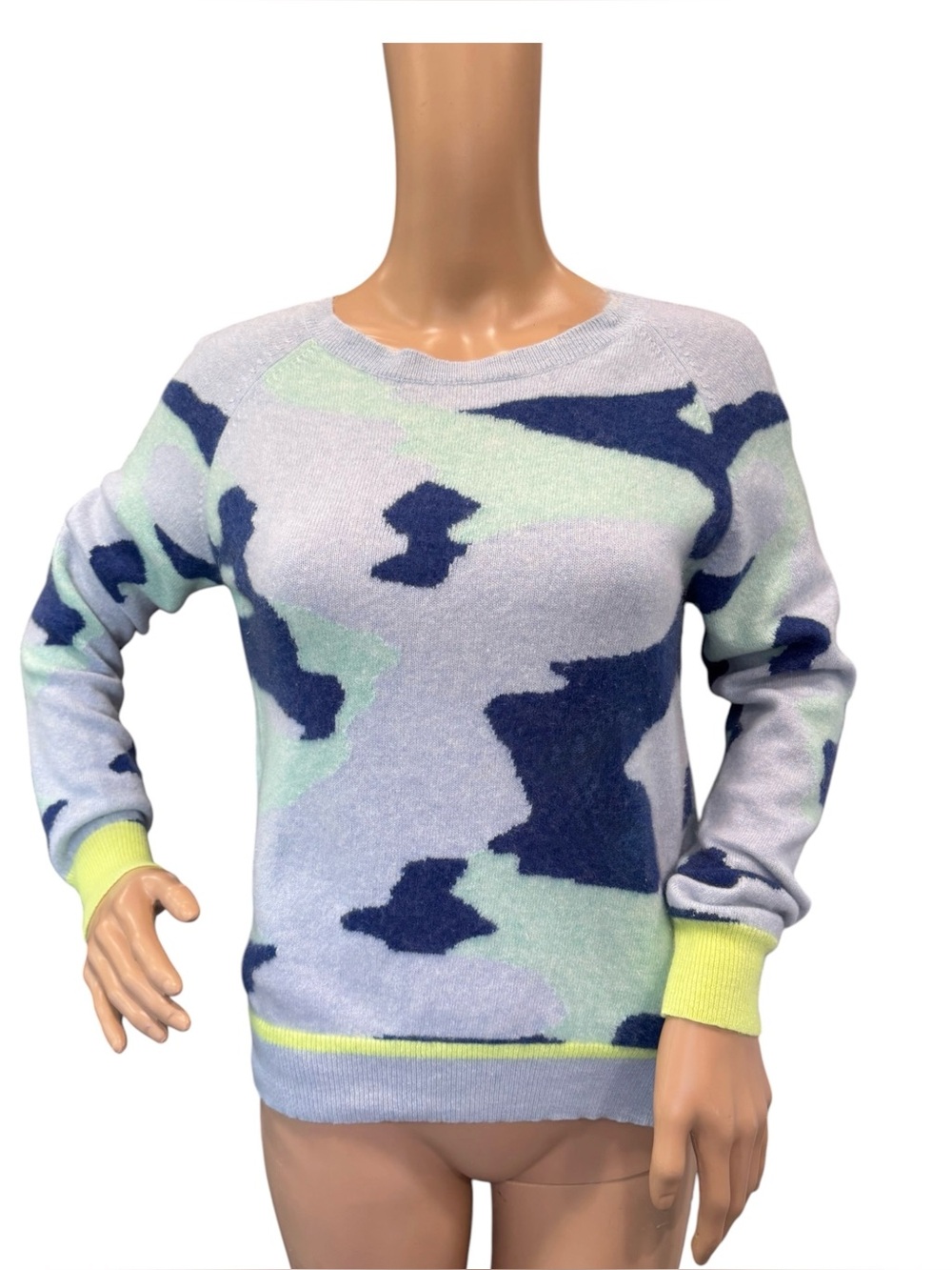 Brodie Camo Knit Sweater Size XS Pull Over Blue Purple Yellow 100% Cashmere